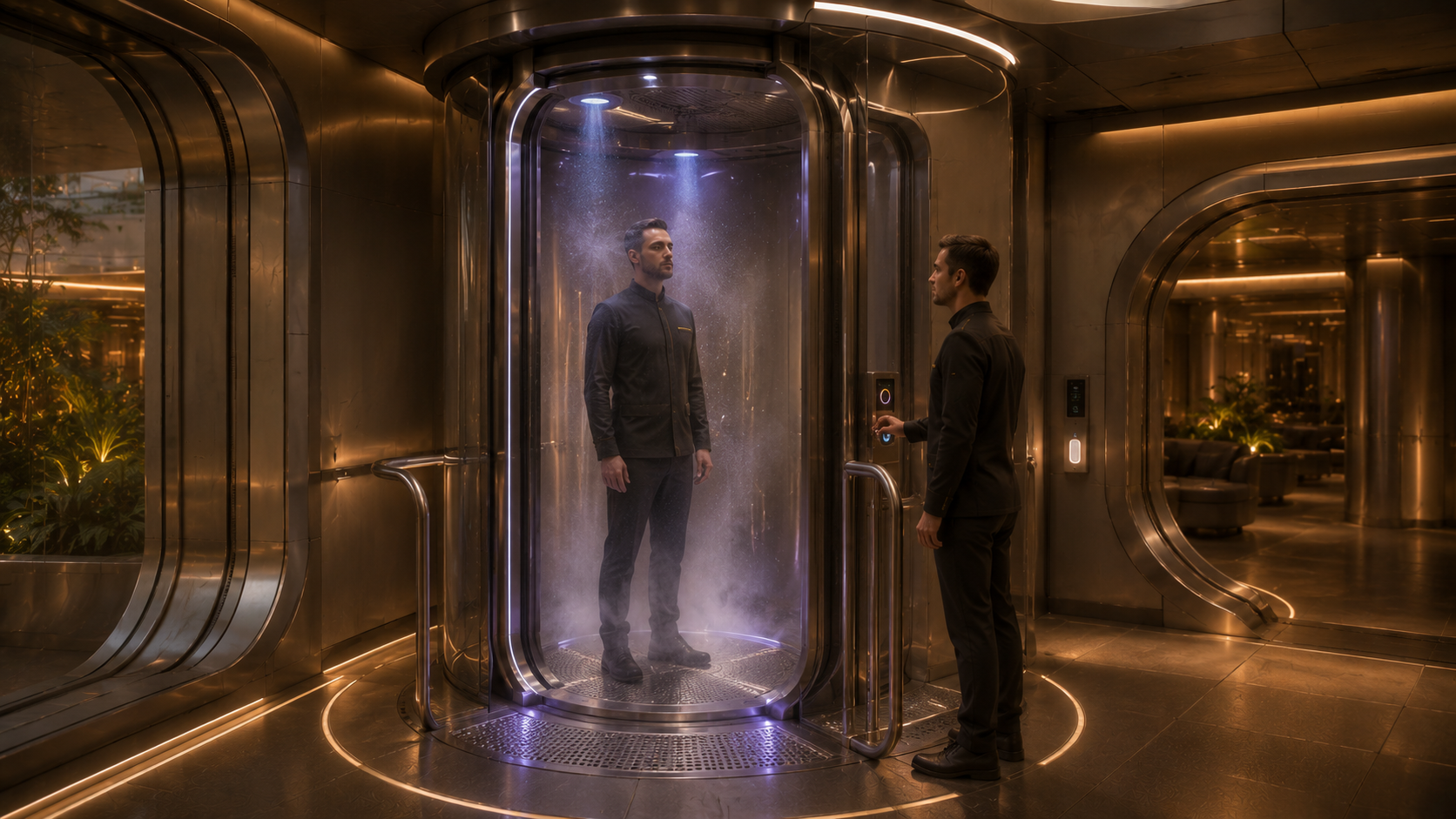 Participant entering the decontamination capsule