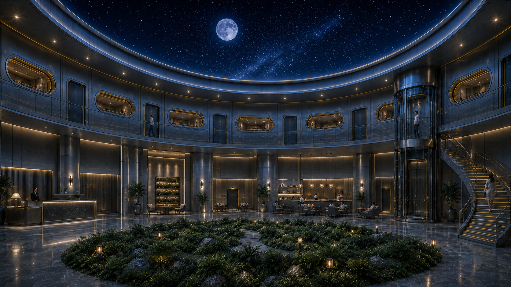 Night mode concept of the enclosed atrium