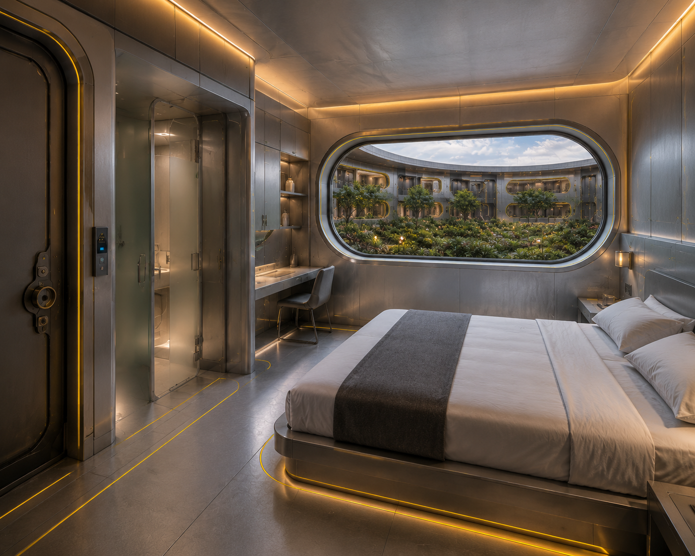 Silver guest room with yellow trim and oval window